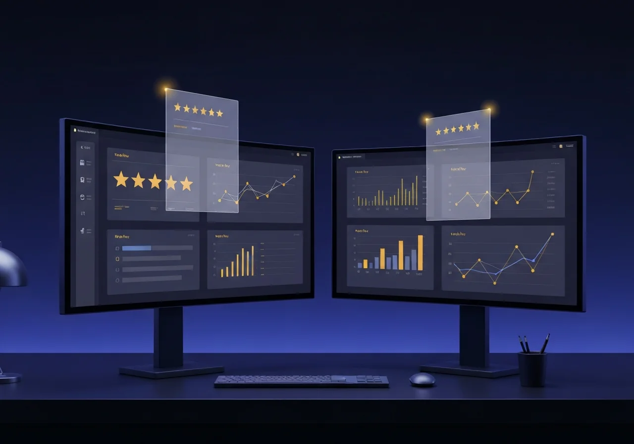 To skærme viser software til praksisstyring for revisorer med målinger for sporing af anmeldelser og dashboard for kundeengagement