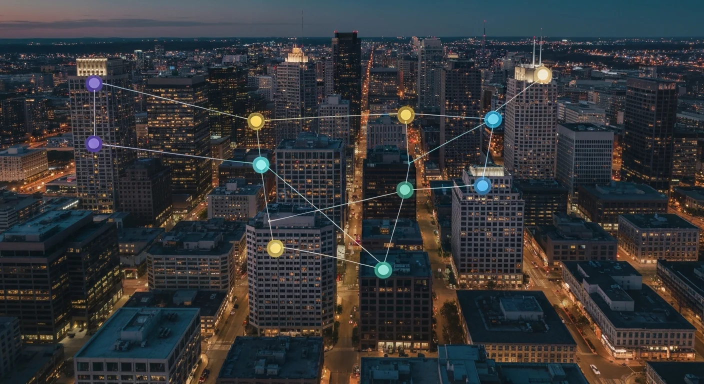 Minneapolis' skyline i skumringen med et abstrakt overlay af industrisektorer, der viser revisorfirmaets kundenetværk i hovedstadsområdet